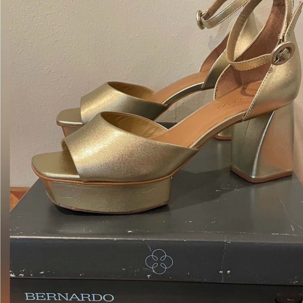 Bernardo Metallic Gold Leather Platform Heels bought at Neiman Marcus